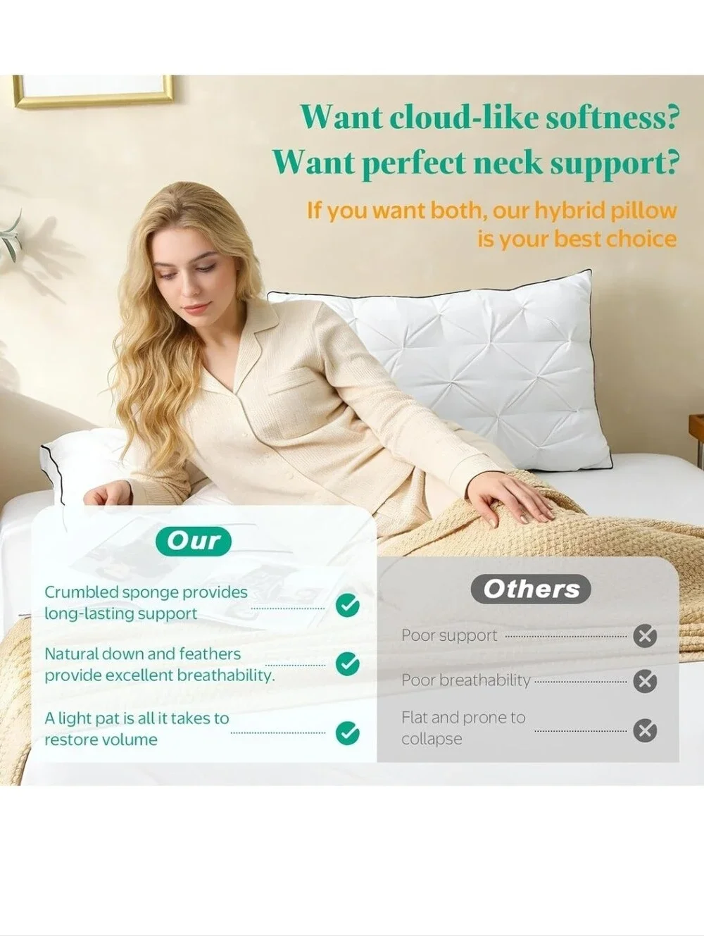 NIB Set of 2! Pinch-Pleat Down Hybrid Pillows KING  Size